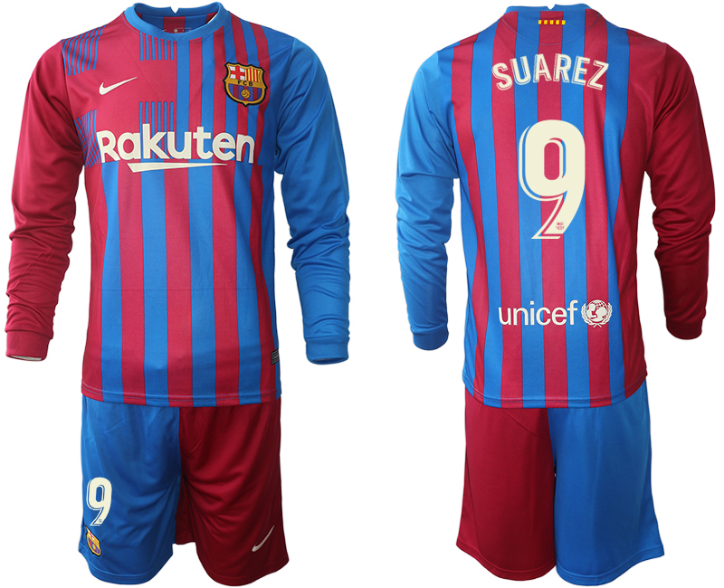 Men 2021-2022 Club Barcelona home red blue Long Sleeve #9 Nike Soccer Jersey